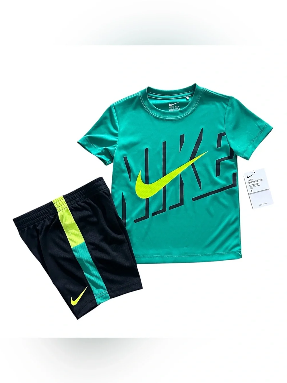 Nike Green & Neon Yellow Boys' Athletic Tee and Shorts Set NWT Boys Size 4 - Picture 1 of 3